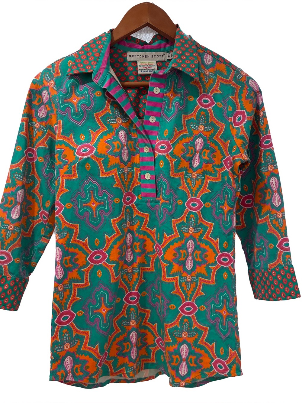 Gretchen Scott Grand Bazaar 3/4 Sleeve Popover Top Teal Orange Stretch Cotton XS